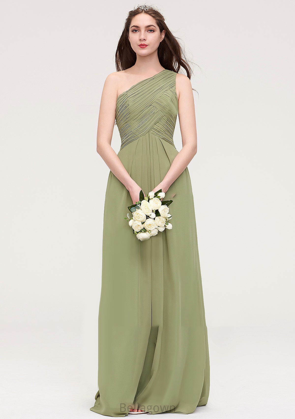 Sleeveless One-Shoulder Long/Floor-Length Chiffon A-line/Princess Bridesmaid Dresses With Pleated Everleigh DNP0025463