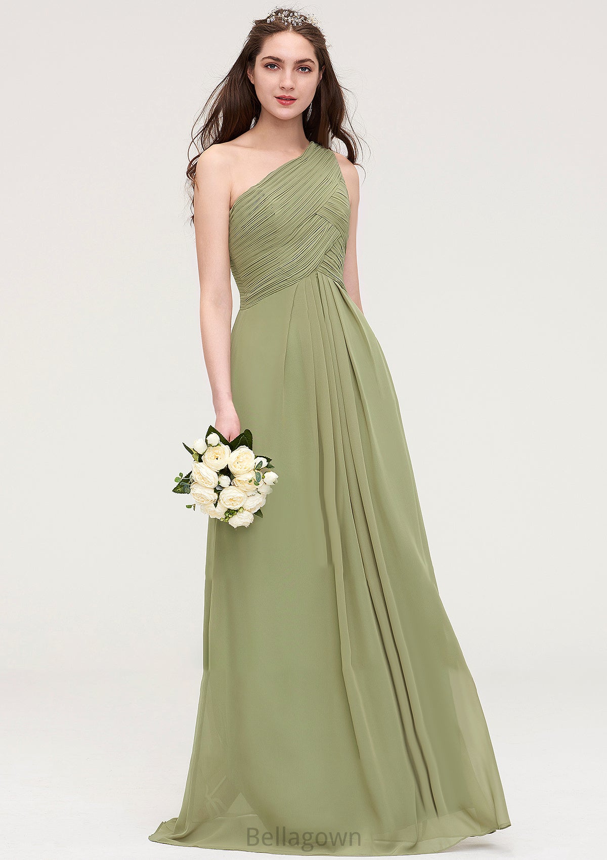 Sleeveless One-Shoulder Long/Floor-Length Chiffon A-line/Princess Bridesmaid Dresses With Pleated Everleigh DNP0025463