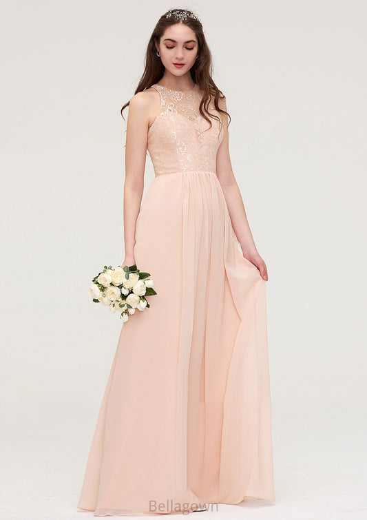 Bateau Sleeveless Long/Floor-Length Chiffon A-line/Princess Bridesmaid Dresses With Lace Pleated Polly DNP0025464