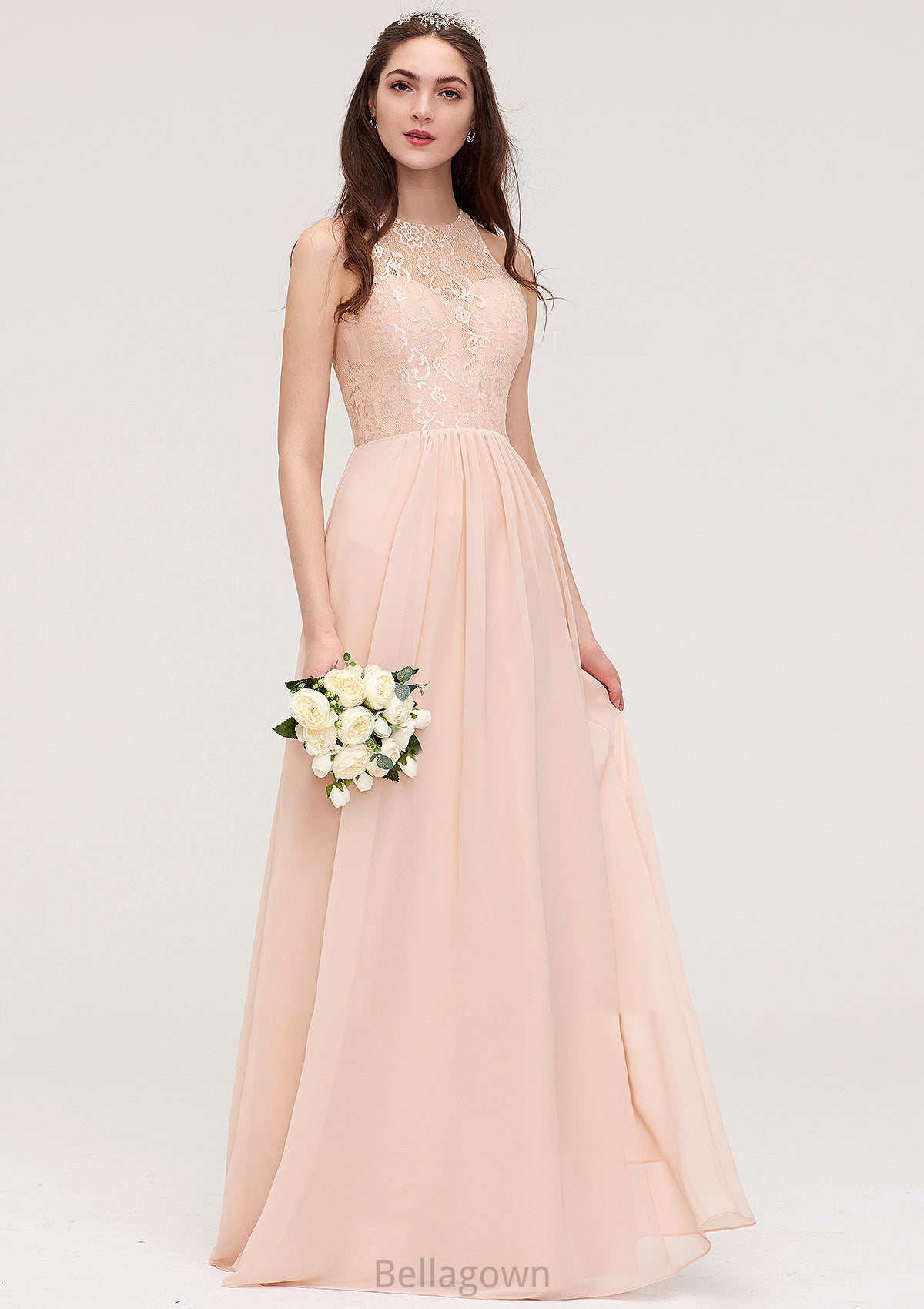 Bateau Sleeveless Long/Floor-Length Chiffon A-line/Princess Bridesmaid Dresses With Lace Pleated Polly DNP0025464