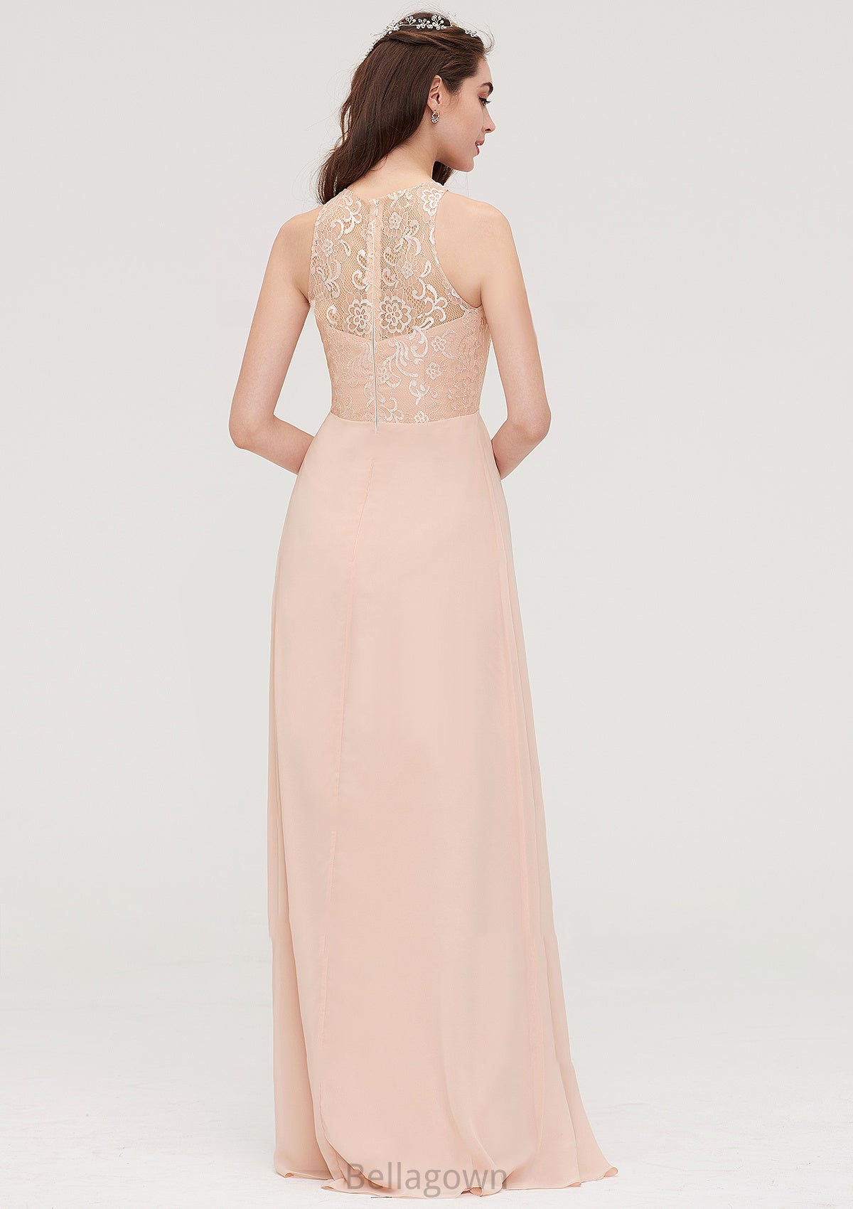 Bateau Sleeveless Long/Floor-Length Chiffon A-line/Princess Bridesmaid Dresses With Lace Pleated Polly DNP0025464