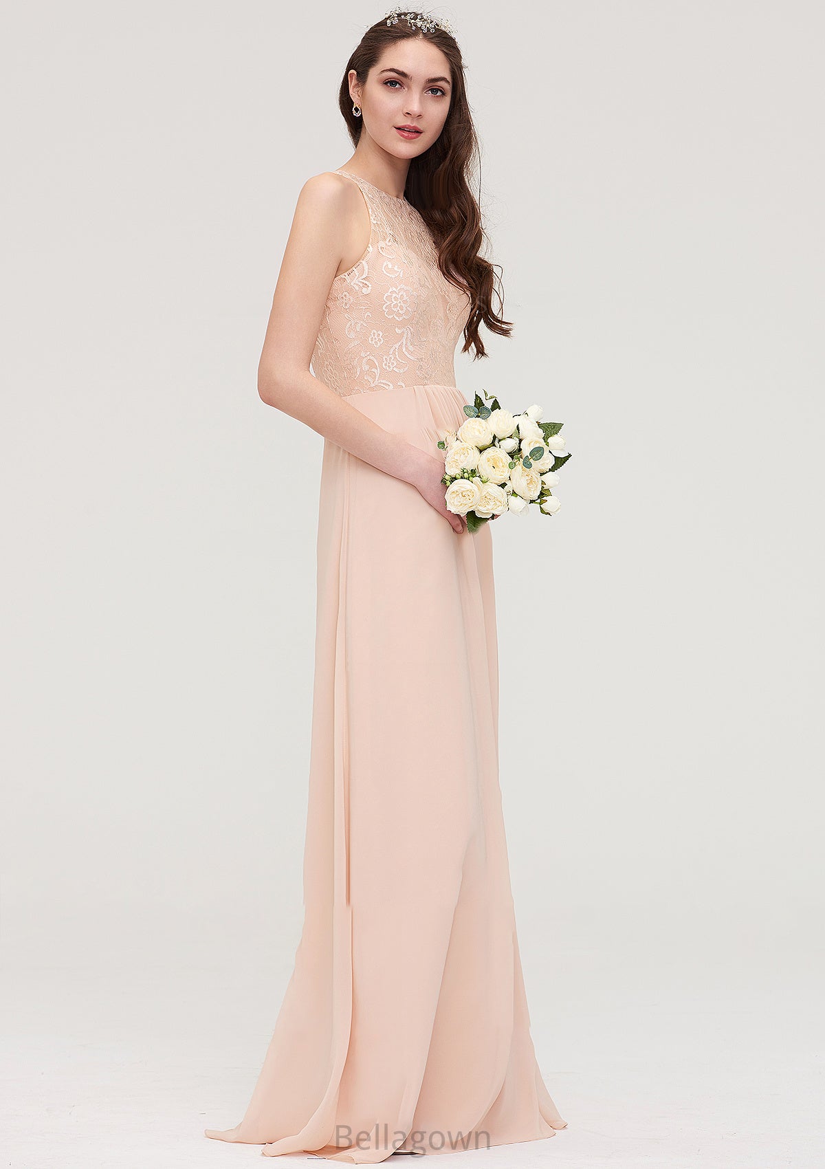 Bateau Sleeveless Long/Floor-Length Chiffon A-line/Princess Bridesmaid Dresses With Lace Pleated Polly DNP0025464