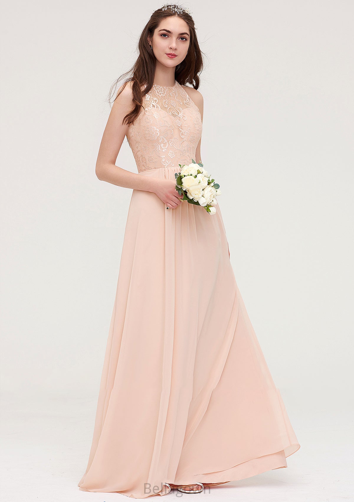 Bateau Sleeveless Long/Floor-Length Chiffon A-line/Princess Bridesmaid Dresses With Lace Pleated Polly DNP0025464