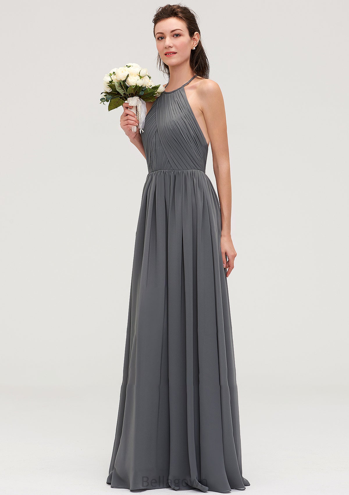 Sleeveless Halter Chiffon A-line/Princess Long/Floor-Length Bridesmaid Dresseses With Pleated Cailyn DNP0025466