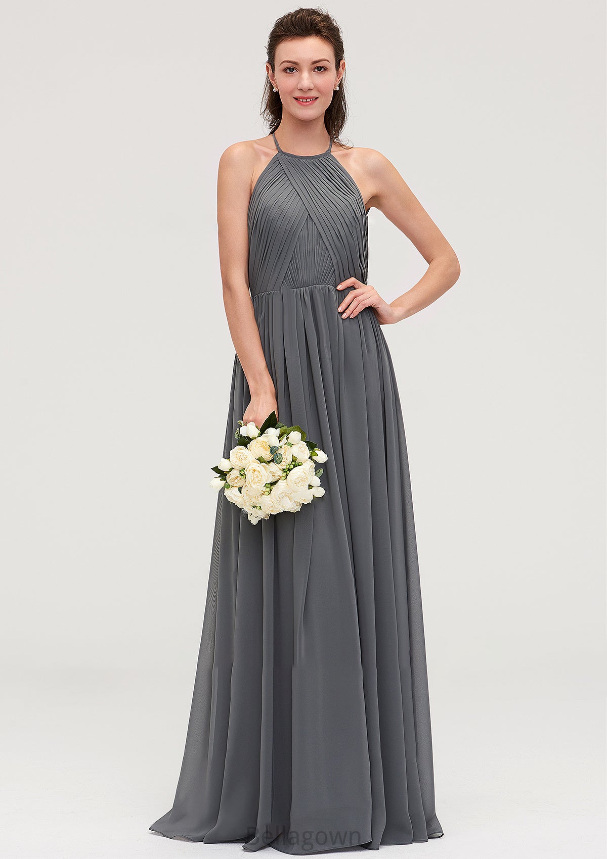 Sleeveless Halter Chiffon A-line/Princess Long/Floor-Length Bridesmaid Dresseses With Pleated Cailyn DNP0025466