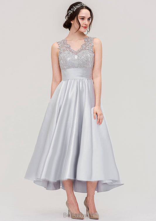 Sleeveless V Neck Asymmetrical Satin A-line/Princess Bridesmaid Dresses With Pleated Lace Madeline DNP0025468