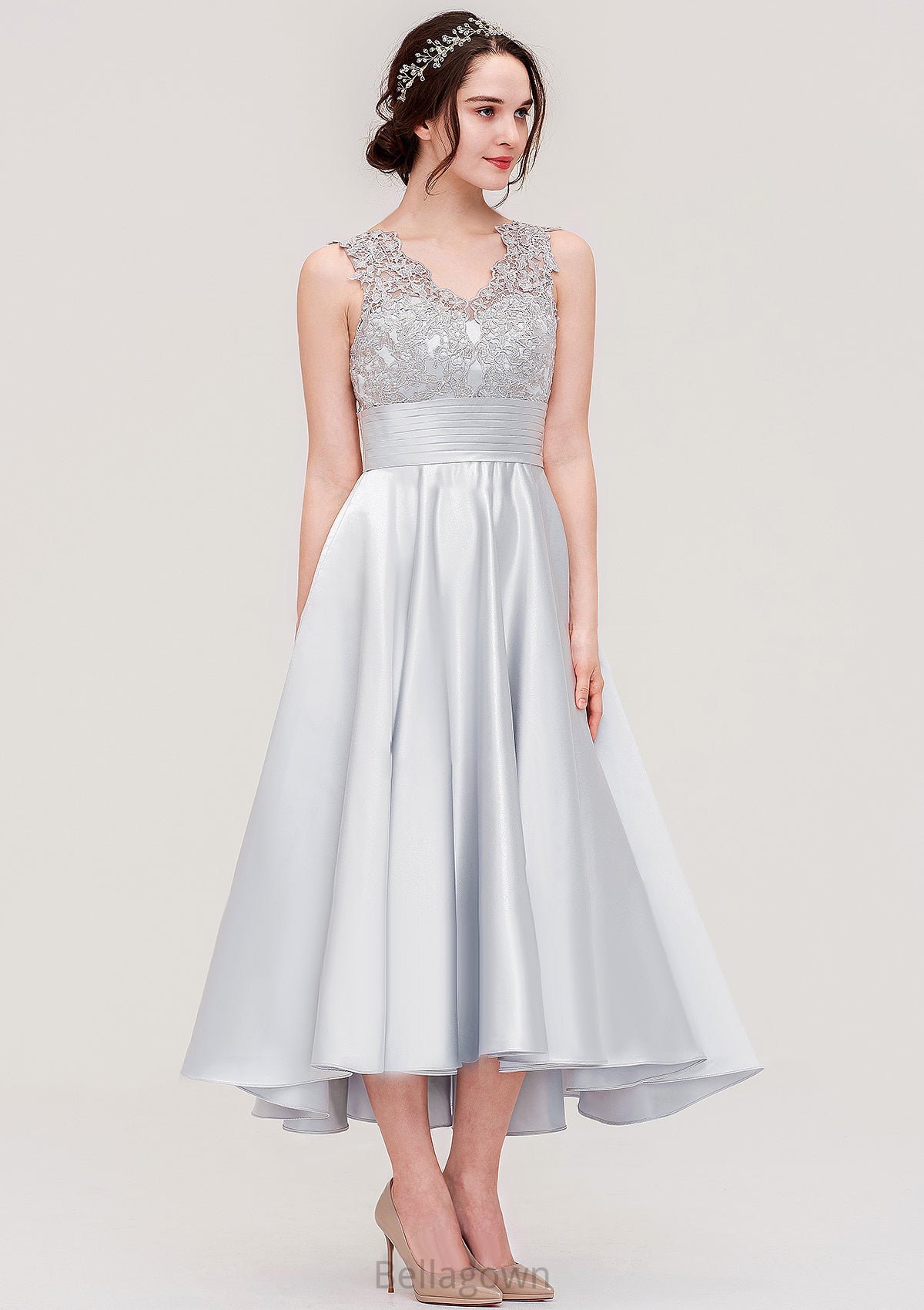 Sleeveless V Neck Asymmetrical Satin A-line/Princess Bridesmaid Dresses With Pleated Lace Madeline DNP0025468