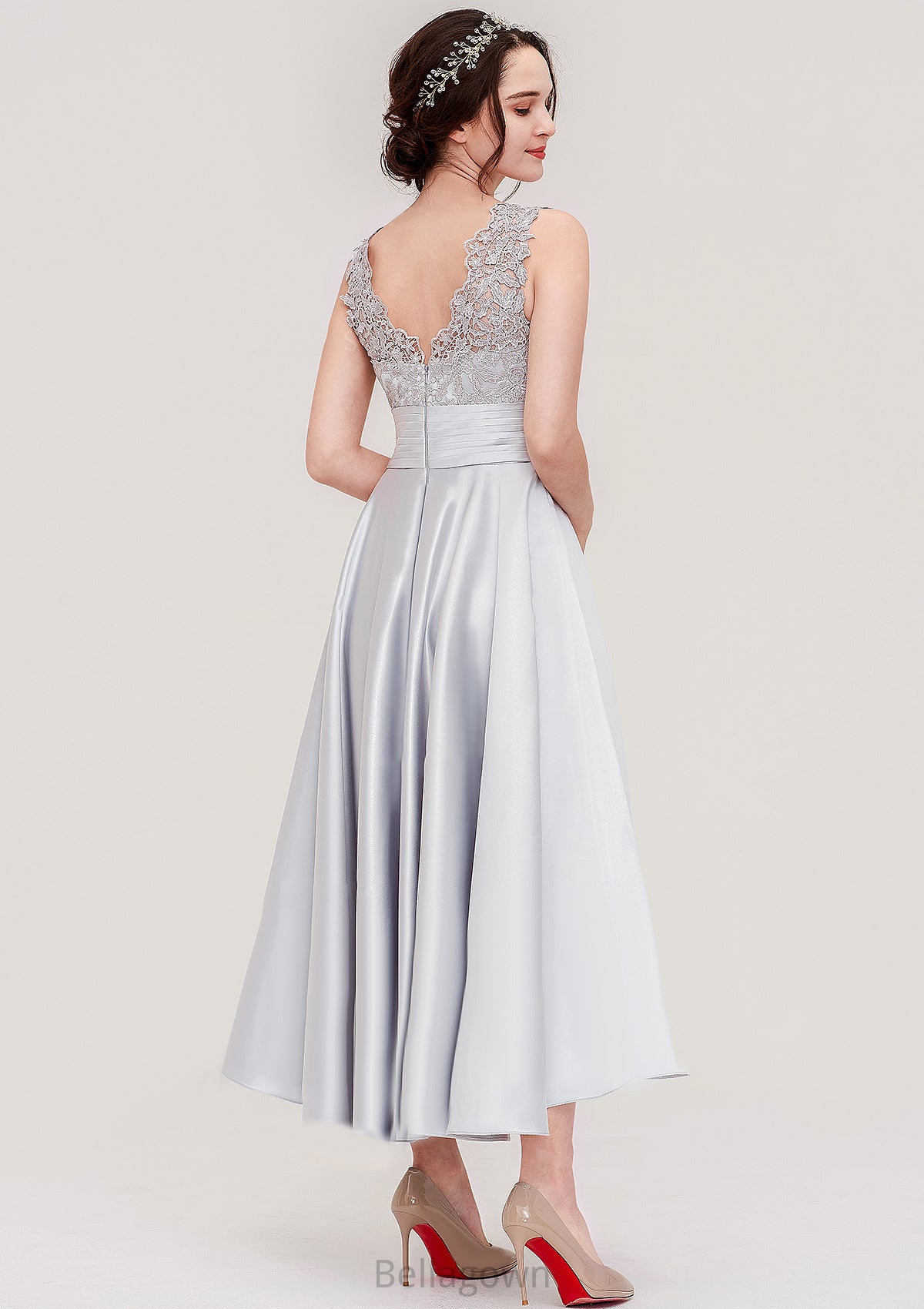 Sleeveless V Neck Asymmetrical Satin A-line/Princess Bridesmaid Dresses With Pleated Lace Madeline DNP0025468