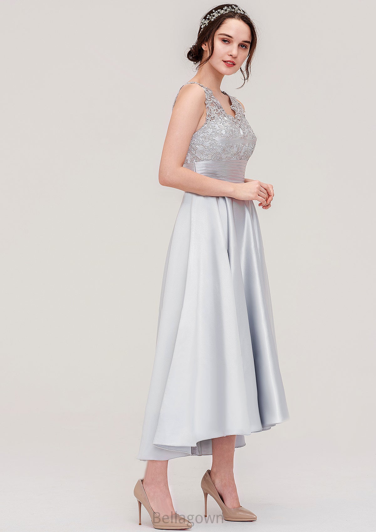 Sleeveless V Neck Asymmetrical Satin A-line/Princess Bridesmaid Dresses With Pleated Lace Madeline DNP0025468