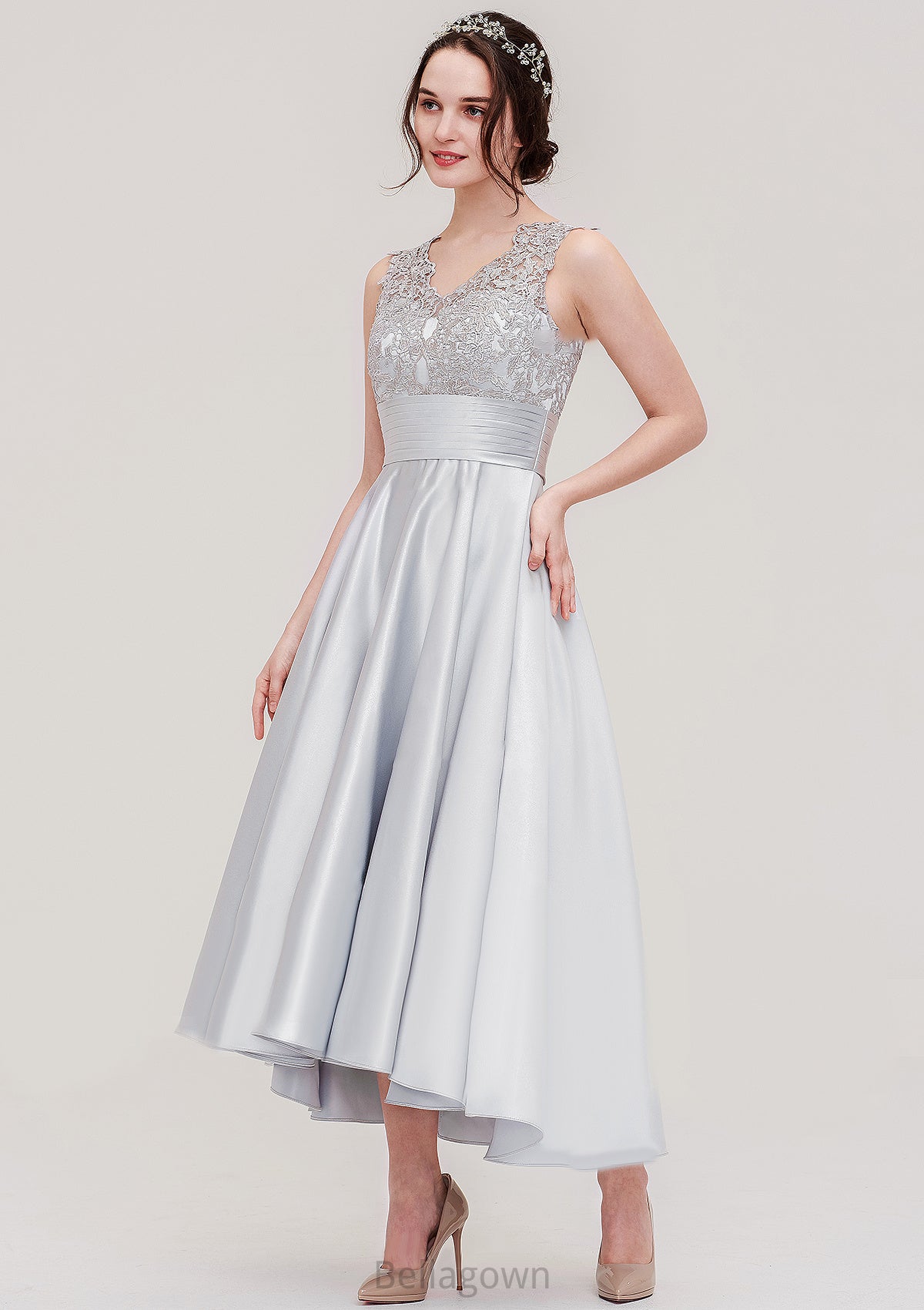 Sleeveless V Neck Asymmetrical Satin A-line/Princess Bridesmaid Dresses With Pleated Lace Madeline DNP0025468