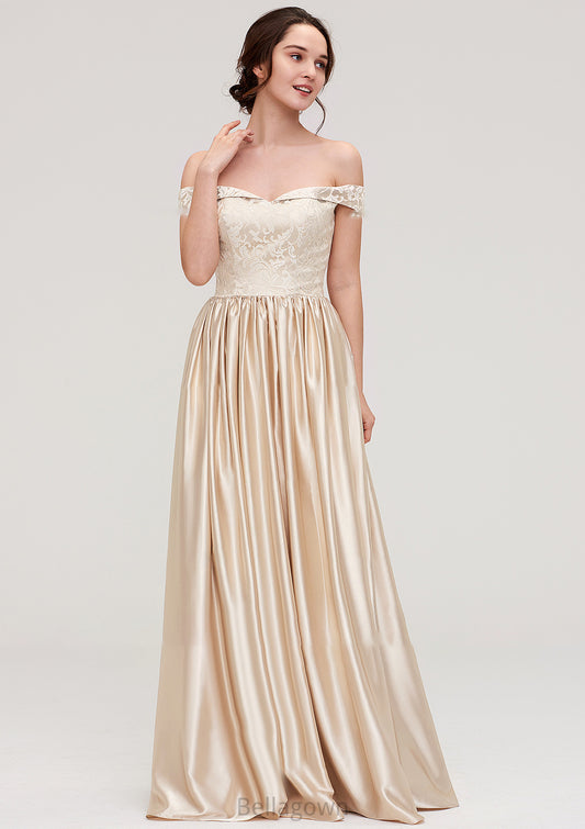 Off-the-Shoulder SleevelessA-line/Princess Charmeuse  Long/Floor-Length Bridesmaid Dresses With Appliqued Leticia DNP0025469