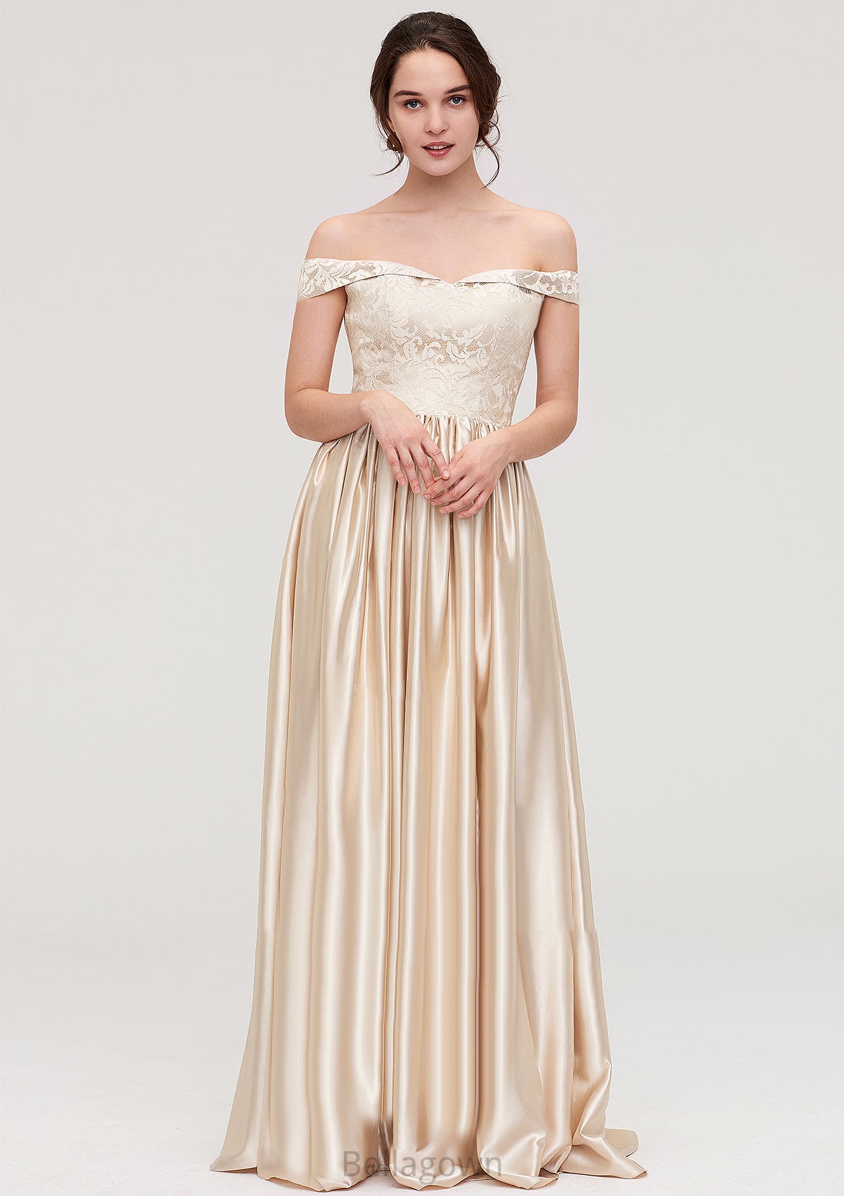 Off-the-Shoulder SleevelessA-line/Princess Charmeuse  Long/Floor-Length Bridesmaid Dresses With Appliqued Leticia DNP0025469