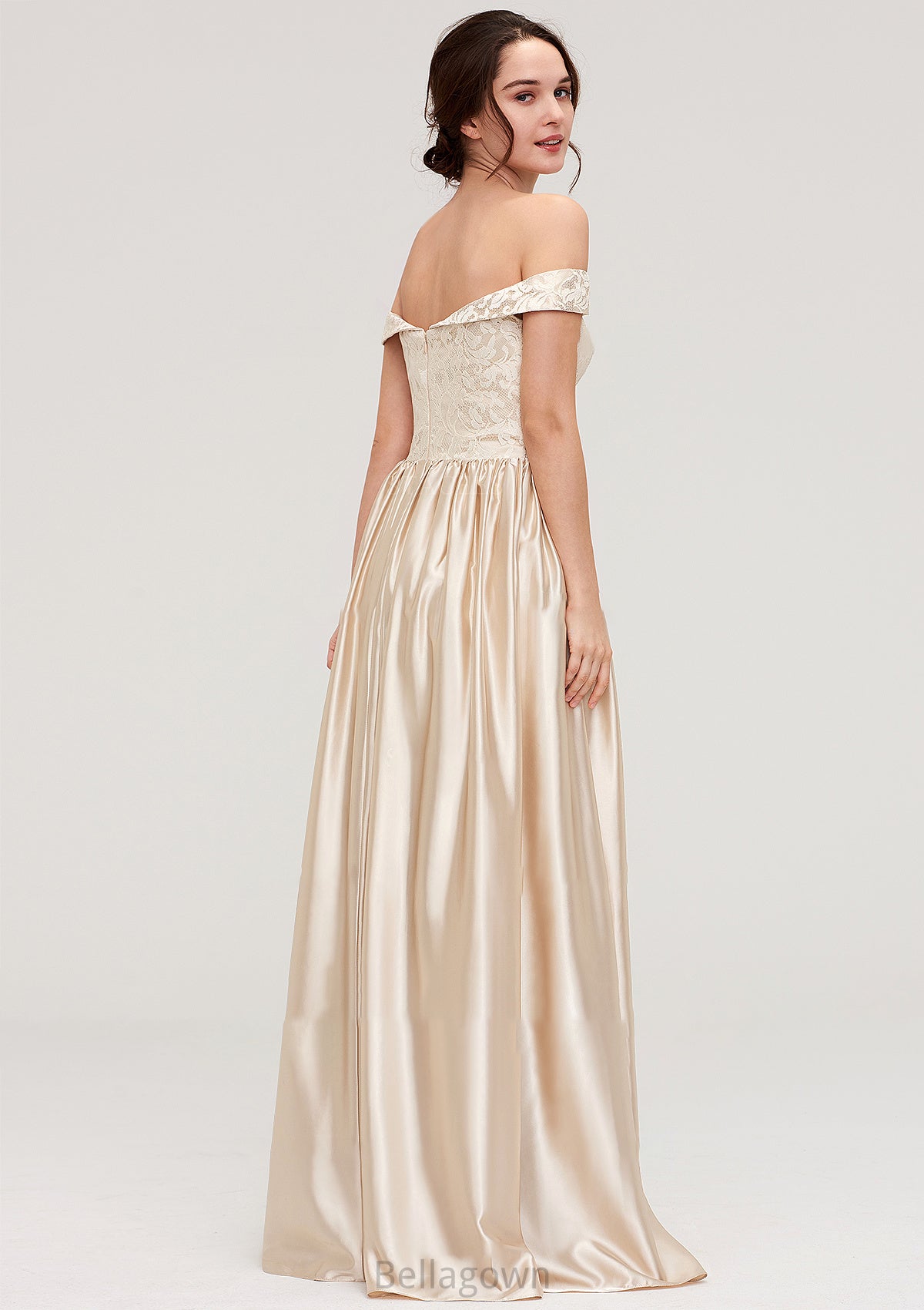 Off-the-Shoulder SleevelessA-line/Princess Charmeuse  Long/Floor-Length Bridesmaid Dresses With Appliqued Leticia DNP0025469