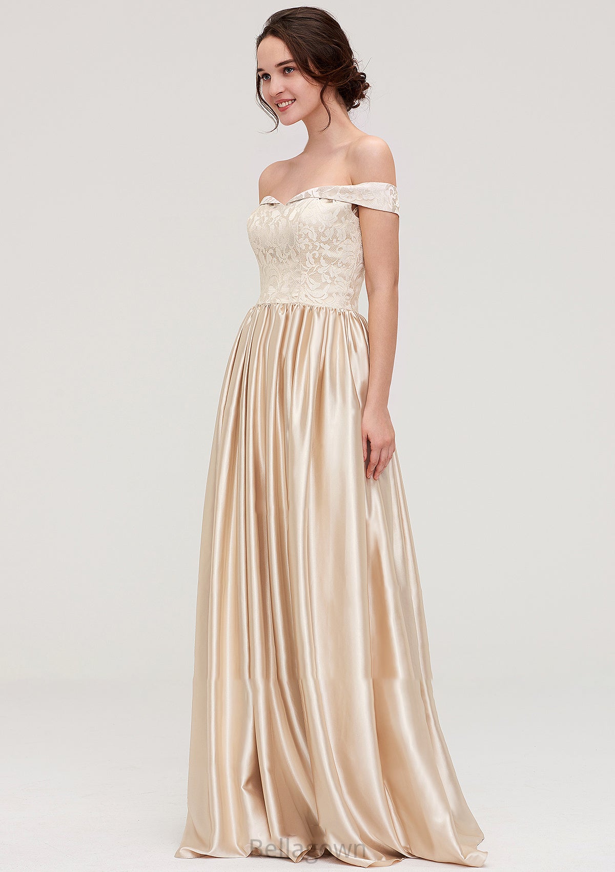 Off-the-Shoulder SleevelessA-line/Princess Charmeuse  Long/Floor-Length Bridesmaid Dresses With Appliqued Leticia DNP0025469