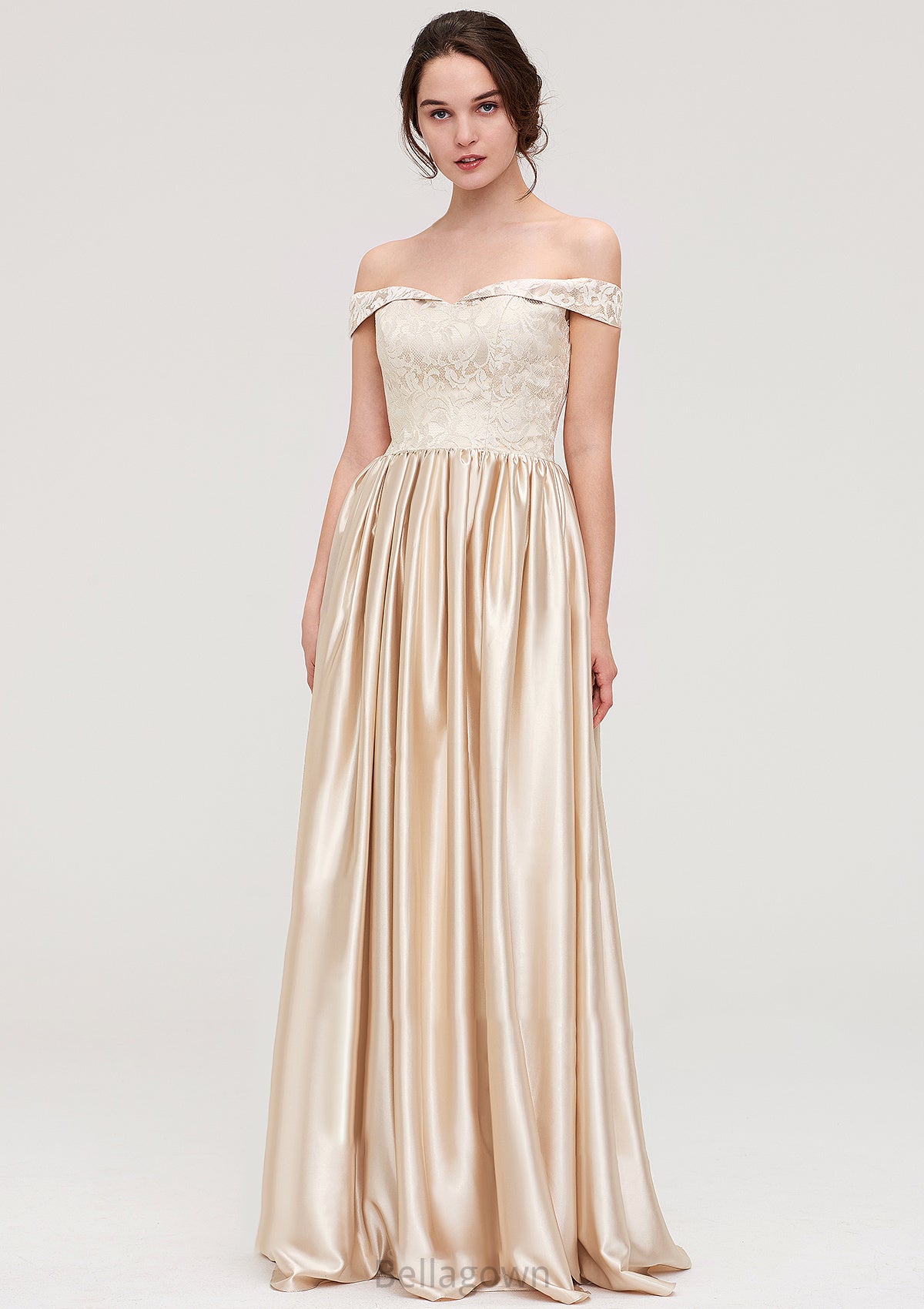 Off-the-Shoulder SleevelessA-line/Princess Charmeuse  Long/Floor-Length Bridesmaid Dresses With Appliqued Leticia DNP0025469