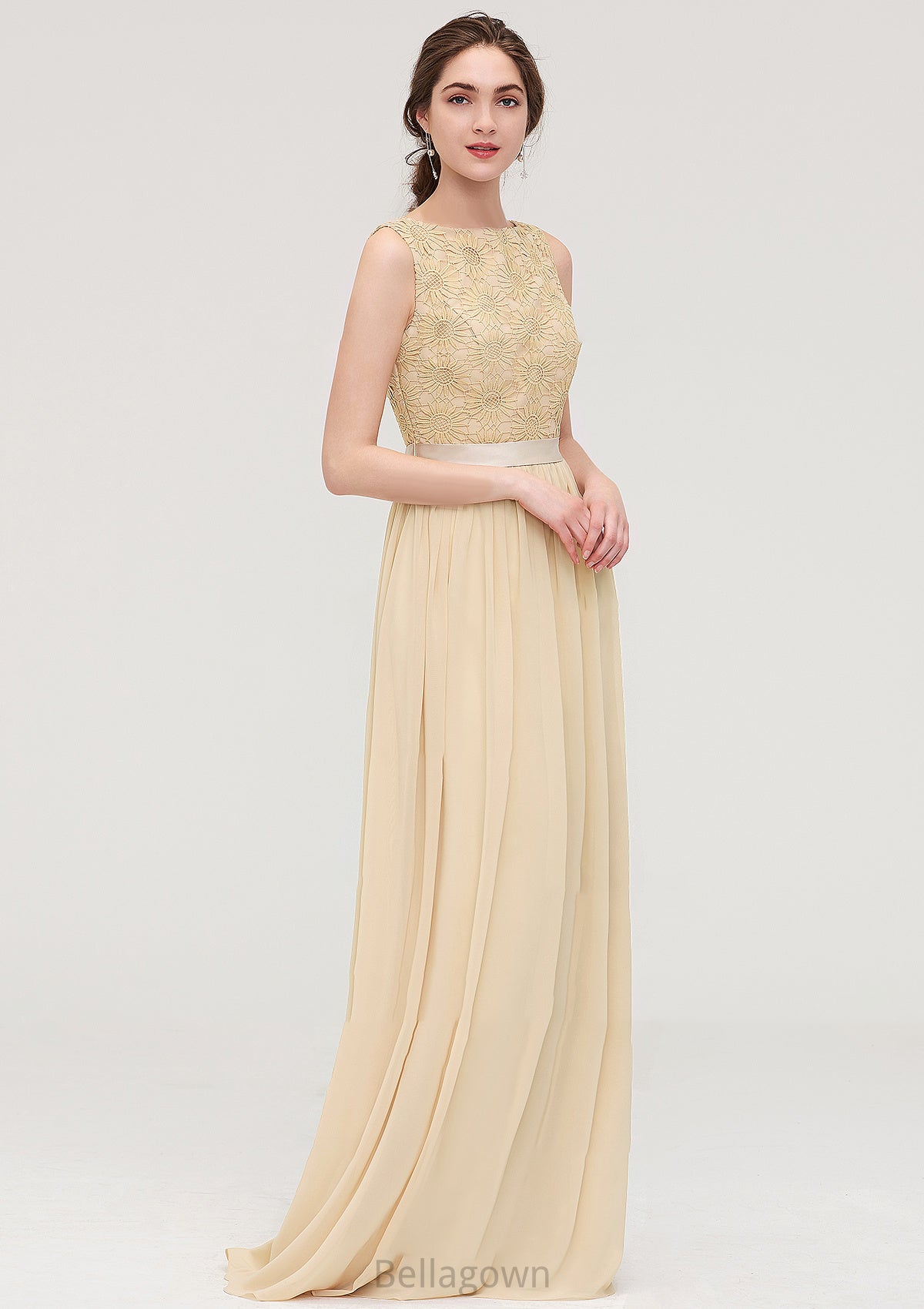 Bateau Sleeveless A-line/Princess Chiffon Long/Floor-Length Bridesmaid Dresses With Sashes Lace Sharon DNP0025472