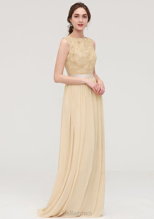 Bateau Sleeveless A-line/Princess Chiffon Long/Floor-Length Bridesmaid Dresses With Sashes Lace Sharon DNP0025472