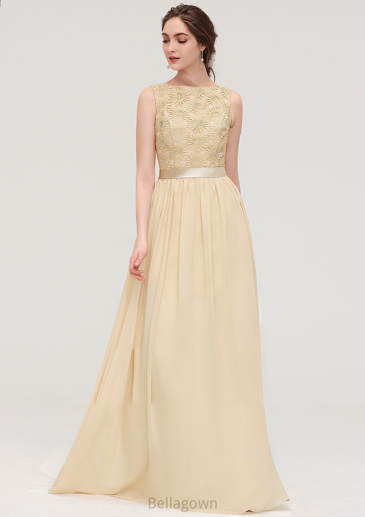 Bateau Sleeveless A-line/Princess Chiffon Long/Floor-Length Bridesmaid Dresses With Sashes Lace Sharon DNP0025472