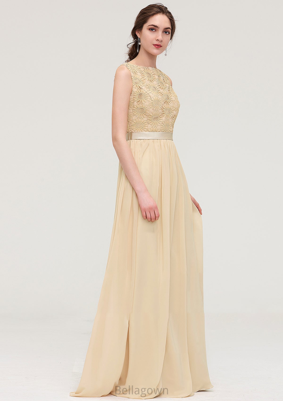 Bateau Sleeveless A-line/Princess Chiffon Long/Floor-Length Bridesmaid Dresses With Sashes Lace Sharon DNP0025472