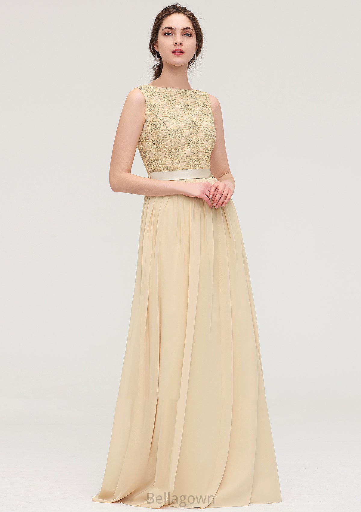 Bateau Sleeveless A-line/Princess Chiffon Long/Floor-Length Bridesmaid Dresses With Sashes Lace Sharon DNP0025472