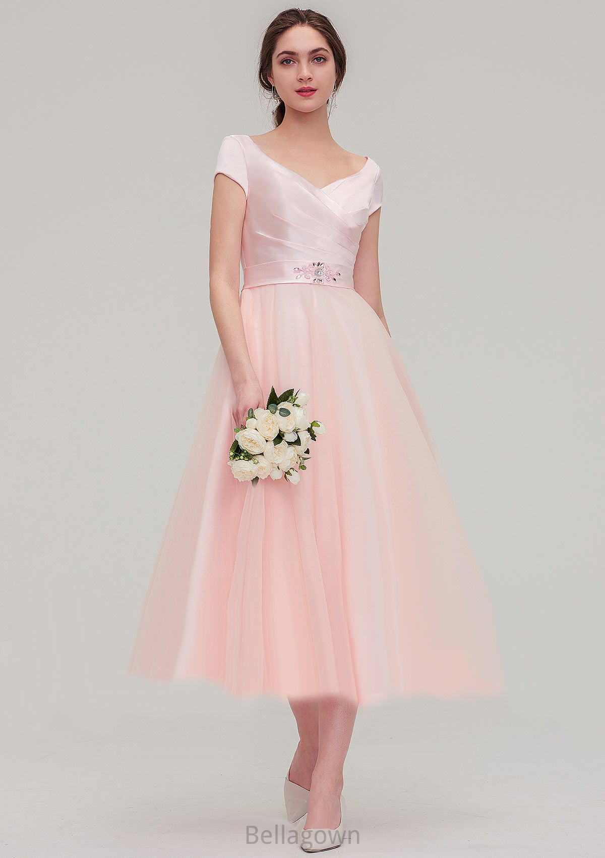 Sweetheart Short Sleeve Tea-Length Tulle A-line/Princess Bridesmaid Dresses With Waistband Beading Pleated Jolie DNP0025473