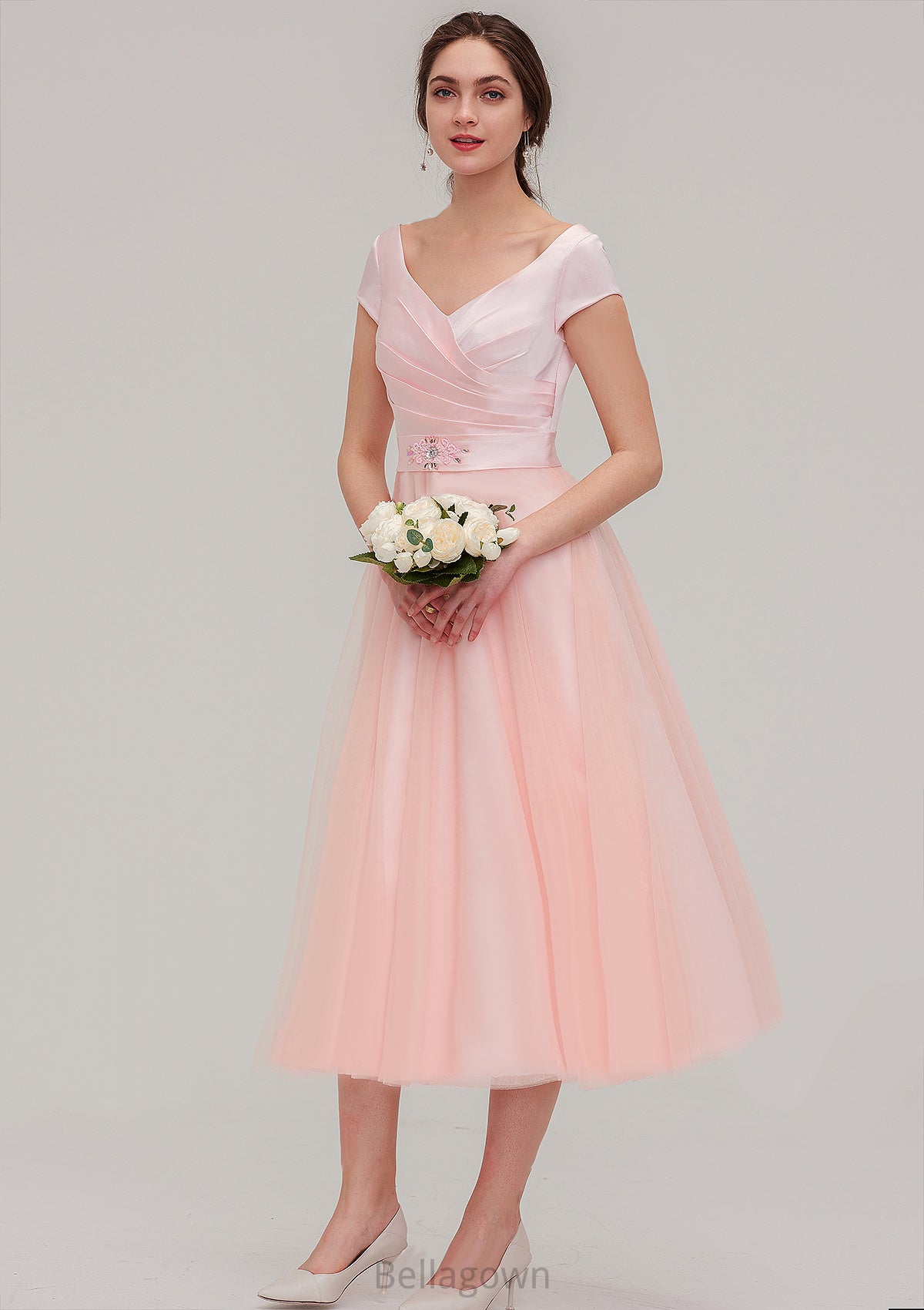 Sweetheart Short Sleeve Tea-Length Tulle A-line/Princess Bridesmaid Dresses With Waistband Beading Pleated Jolie DNP0025473