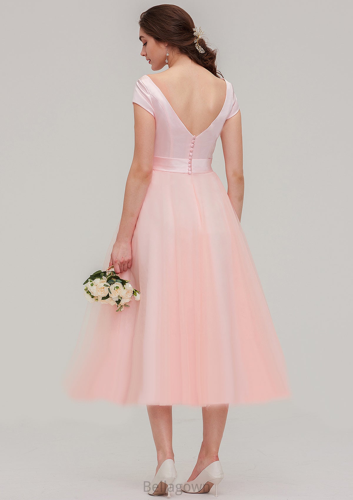 Sweetheart Short Sleeve Tea-Length Tulle A-line/Princess Bridesmaid Dresses With Waistband Beading Pleated Jolie DNP0025473