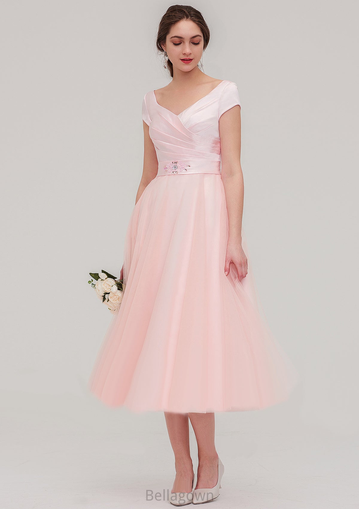 Sweetheart Short Sleeve Tea-Length Tulle A-line/Princess Bridesmaid Dresses With Waistband Beading Pleated Jolie DNP0025473