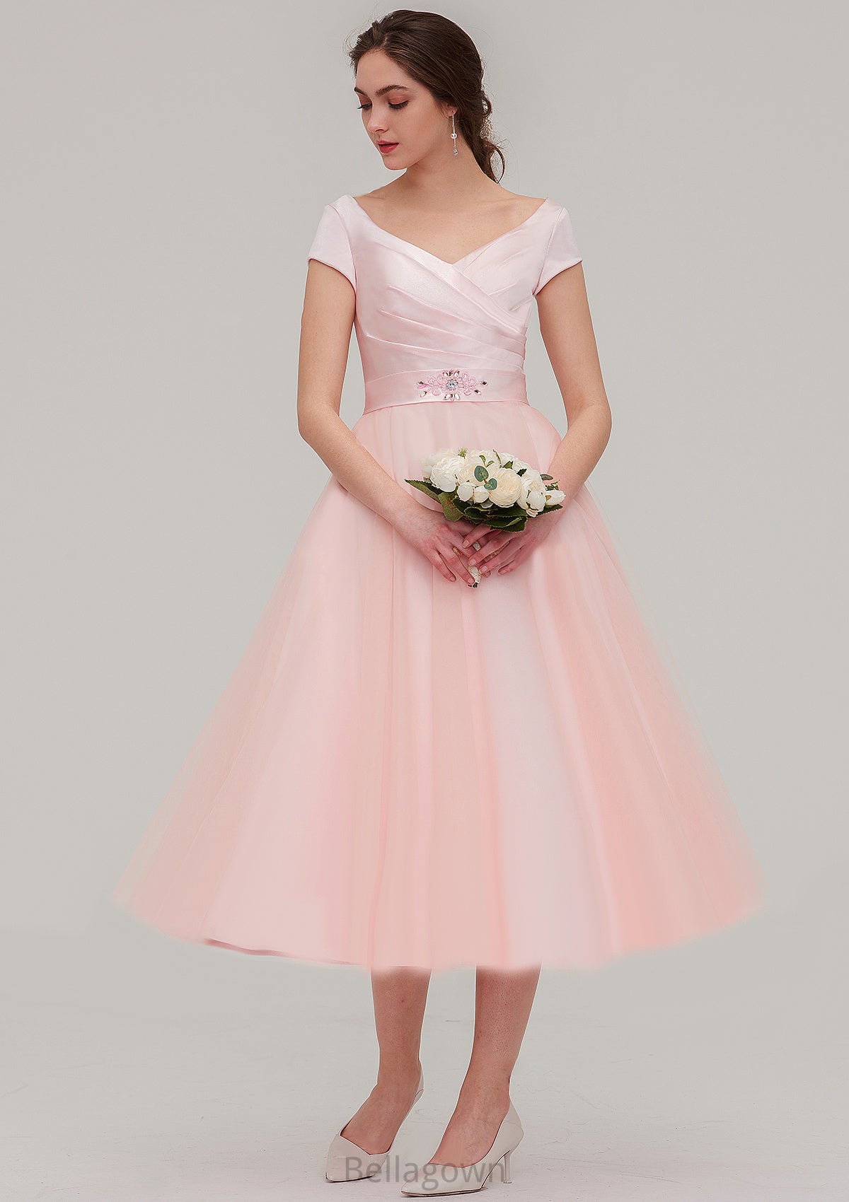 Sweetheart Short Sleeve Tea-Length Tulle A-line/Princess Bridesmaid Dresses With Waistband Beading Pleated Jolie DNP0025473