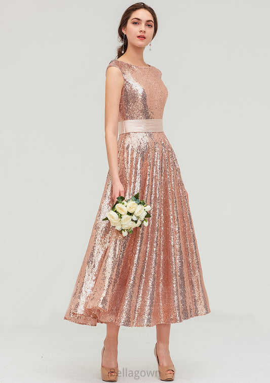 Bateau Sleeveless Tea-Length Sequined A-line/Princess Bridesmaid Dresses With Sashes Gia DNP0025474