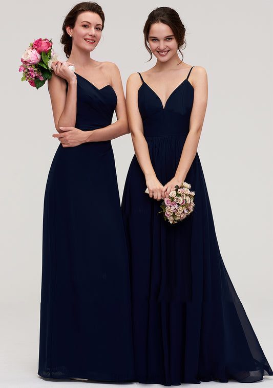 Sleeveless One-Shoulder A-line/Princess Chiffon Long/Floor-Length Bridesmaid Dresses With Pleated Amiya DNP0025475