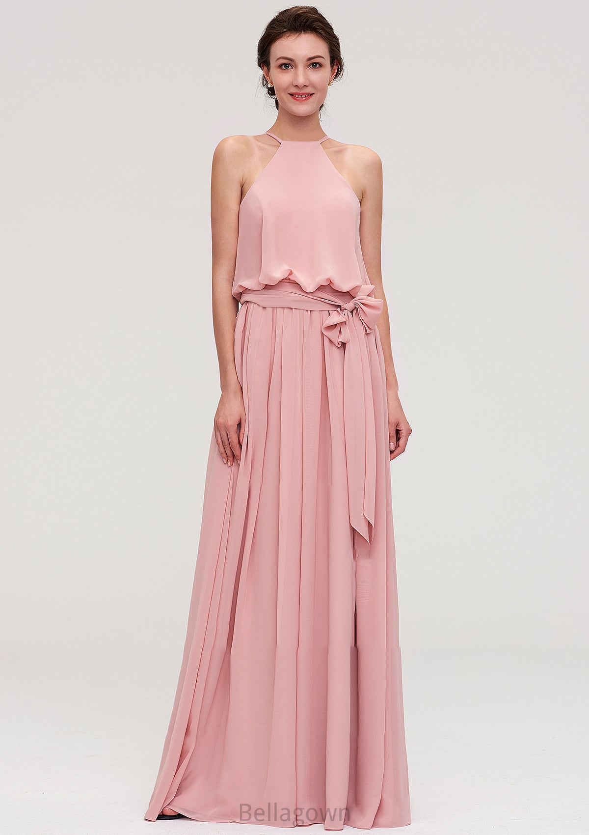 Sleeveless Scoop Neck A-line/Princess Chiffon Long/Floor-Length Bridesmaid Dresseses With Pleated Sashes Rowan DNP0025476