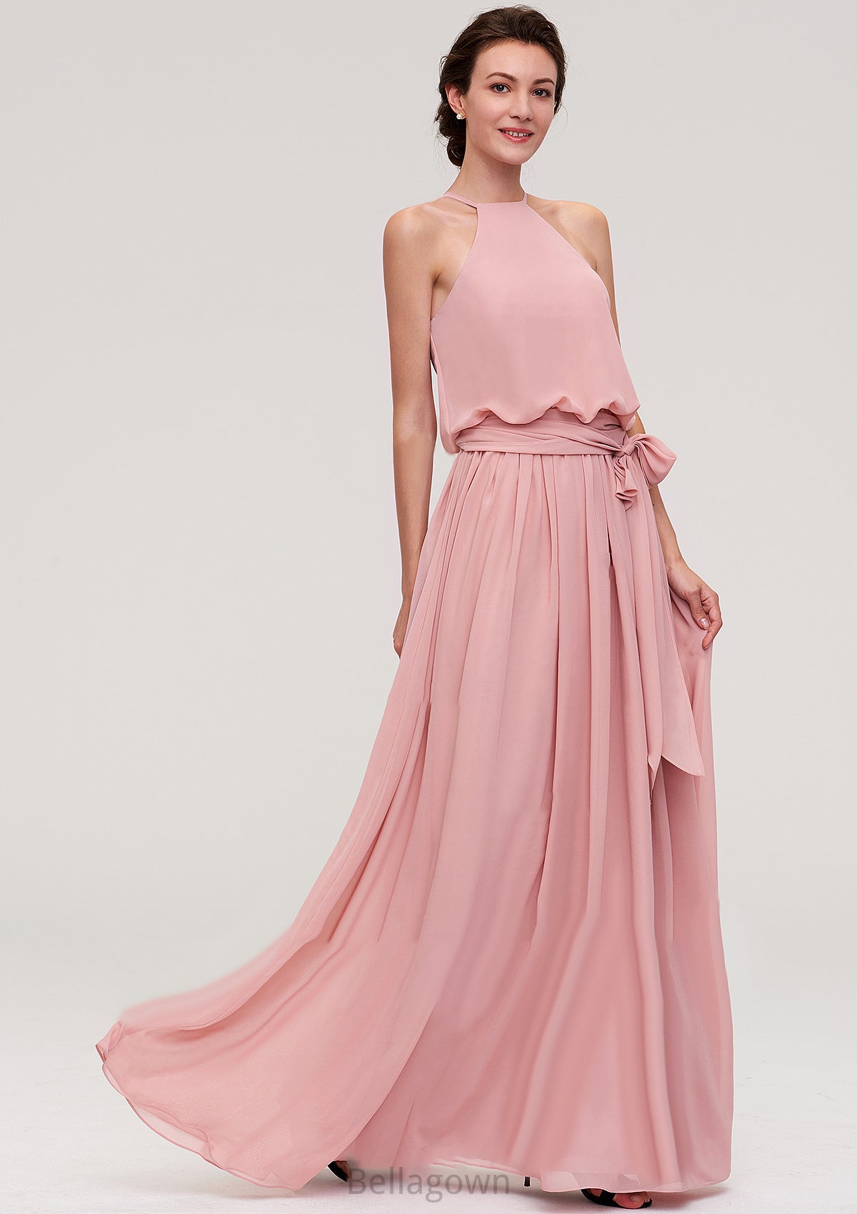 Sleeveless Scoop Neck A-line/Princess Chiffon Long/Floor-Length Bridesmaid Dresseses With Pleated Sashes Rowan DNP0025476