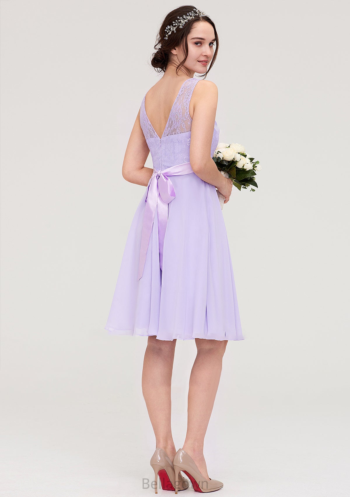 Sleeveless Knee-Length Chiffon A-line/Princess Bridesmaid Dresses With Sashes Lace Sonia DNP0025481