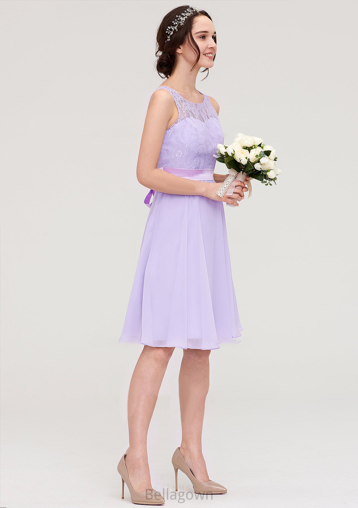 Sleeveless Knee-Length Chiffon A-line/Princess Bridesmaid Dresses With Sashes Lace Sonia DNP0025481