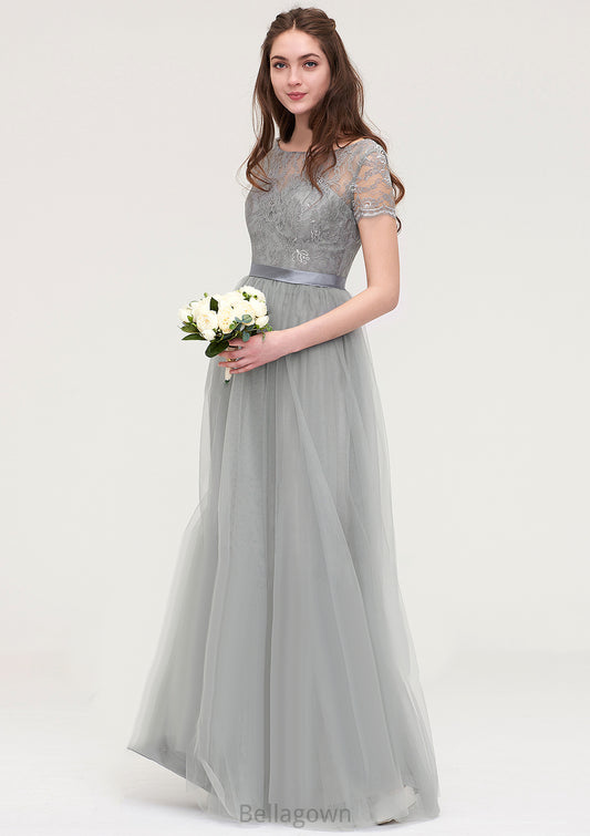 Bateau Short Sleeve Long/Floor-Length Tulle A-line/Princess Bridesmaid Dresses With Sashes Lace Melinda DNP0025482