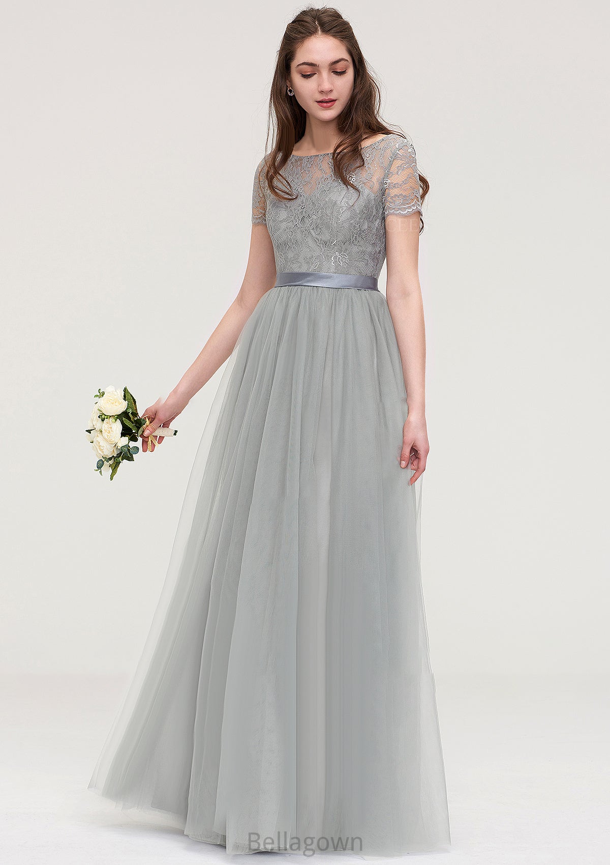 Bateau Short Sleeve Long/Floor-Length Tulle A-line/Princess Bridesmaid Dresses With Sashes Lace Melinda DNP0025482