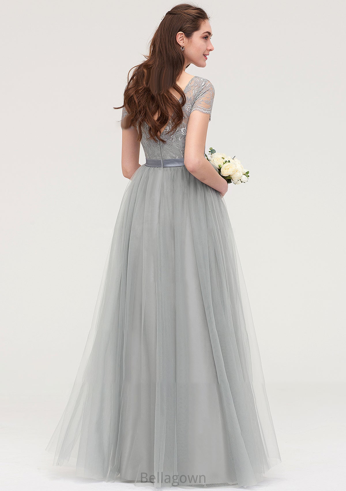 Bateau Short Sleeve Long/Floor-Length Tulle A-line/Princess Bridesmaid Dresses With Sashes Lace Melinda DNP0025482