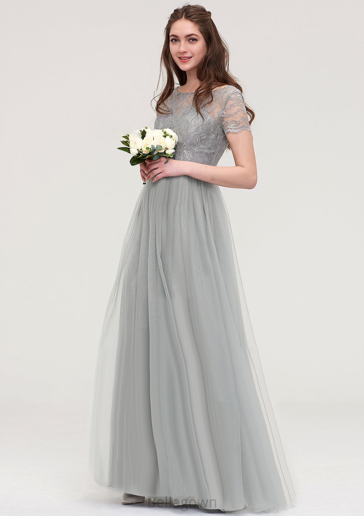 Bateau Short Sleeve Long/Floor-Length Tulle A-line/Princess Bridesmaid Dresses With Sashes Lace Melinda DNP0025482