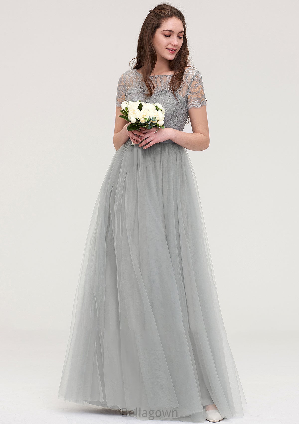 Bateau Short Sleeve Long/Floor-Length Tulle A-line/Princess Bridesmaid Dresses With Sashes Lace Melinda DNP0025482