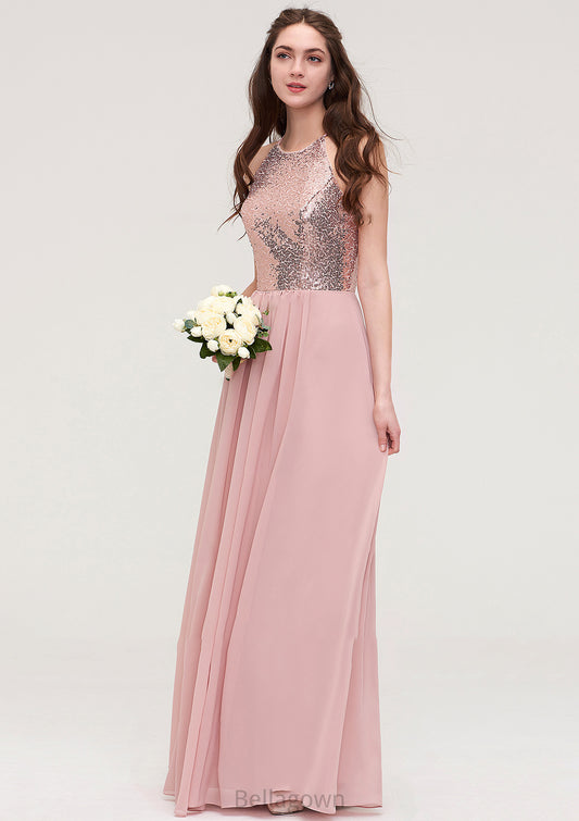 Sleeveless Bateau Long/Floor-Length Chiffon A-line/Princess Bridesmaid Dresses With Sequins Addisyn DNP0025484