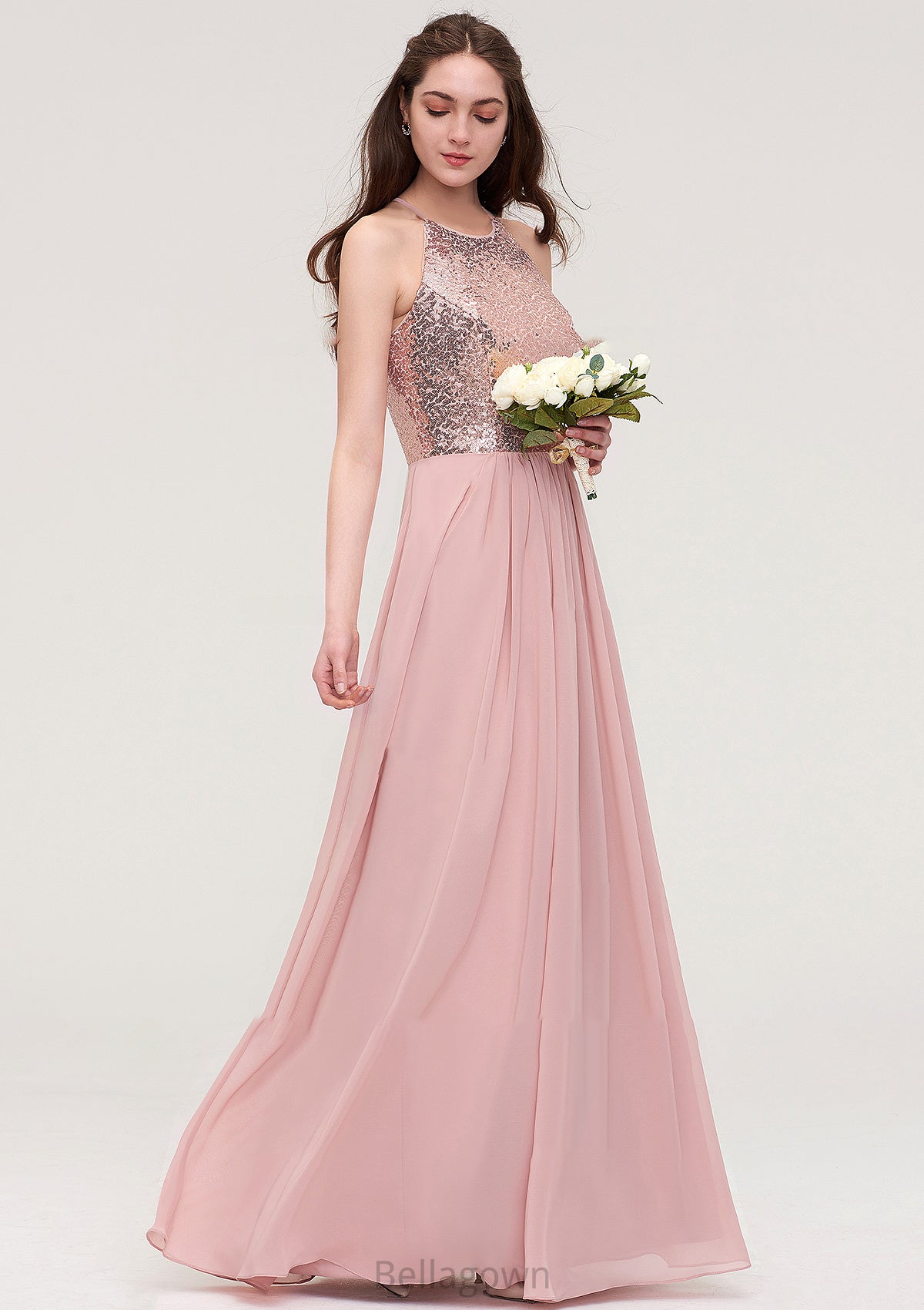 Sleeveless Bateau Long/Floor-Length Chiffon A-line/Princess Bridesmaid Dresses With Sequins Addisyn DNP0025484