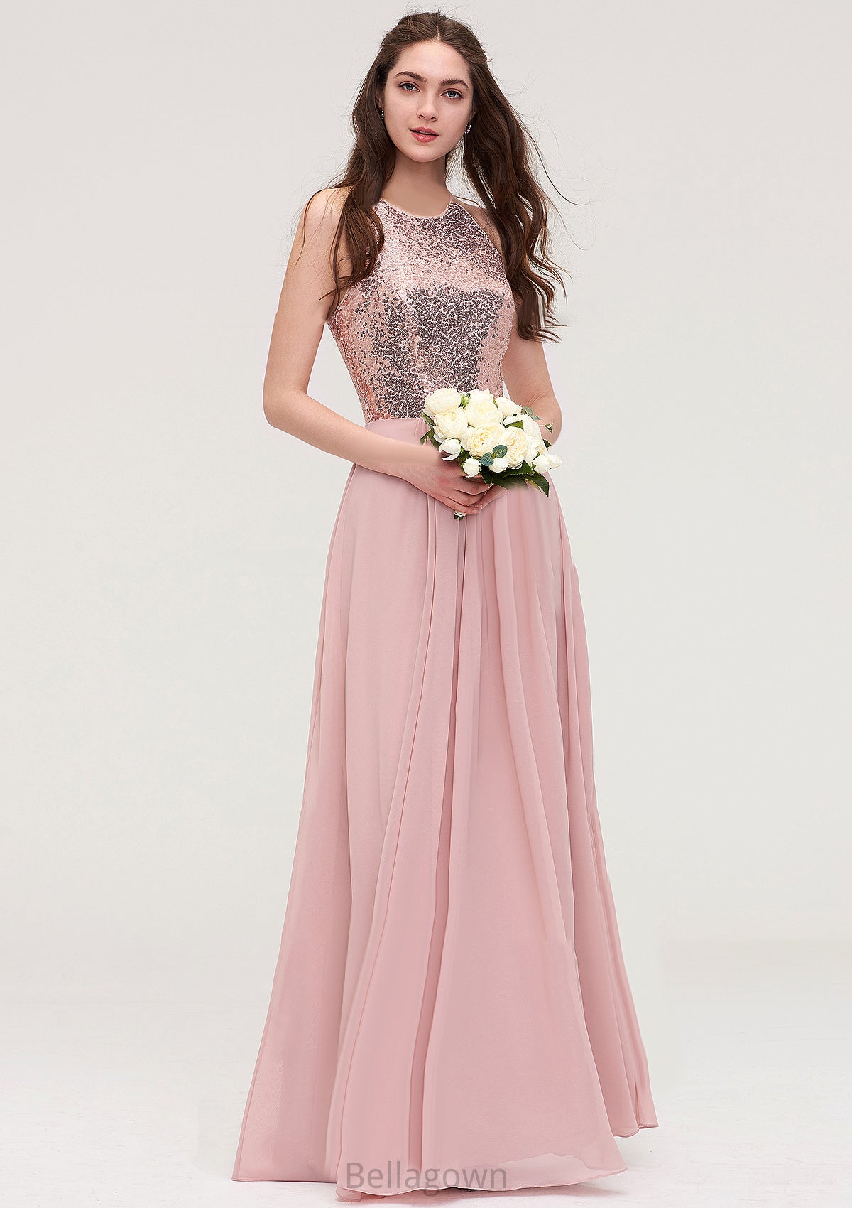 Sleeveless Bateau Long/Floor-Length Chiffon A-line/Princess Bridesmaid Dresses With Sequins Addisyn DNP0025484