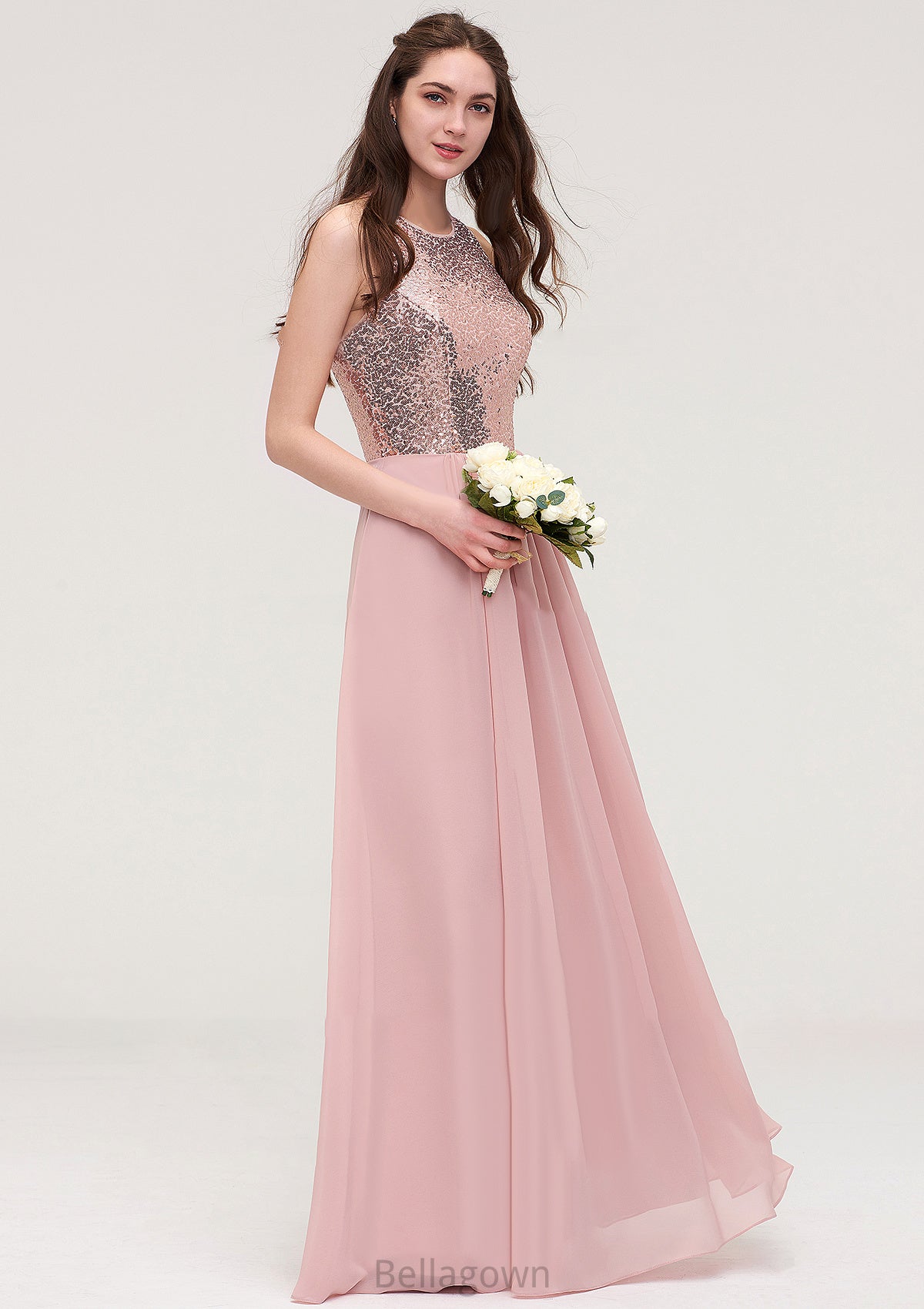 Sleeveless Bateau Long/Floor-Length Chiffon A-line/Princess Bridesmaid Dresses With Sequins Addisyn DNP0025484