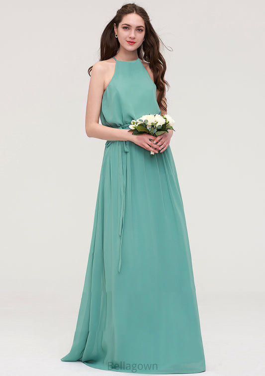 High-Neck Sleeveless Long/Floor-Length Chiffon A-line/Princess Bridesmaid Dresses With Sashes Jayda DNP0025485