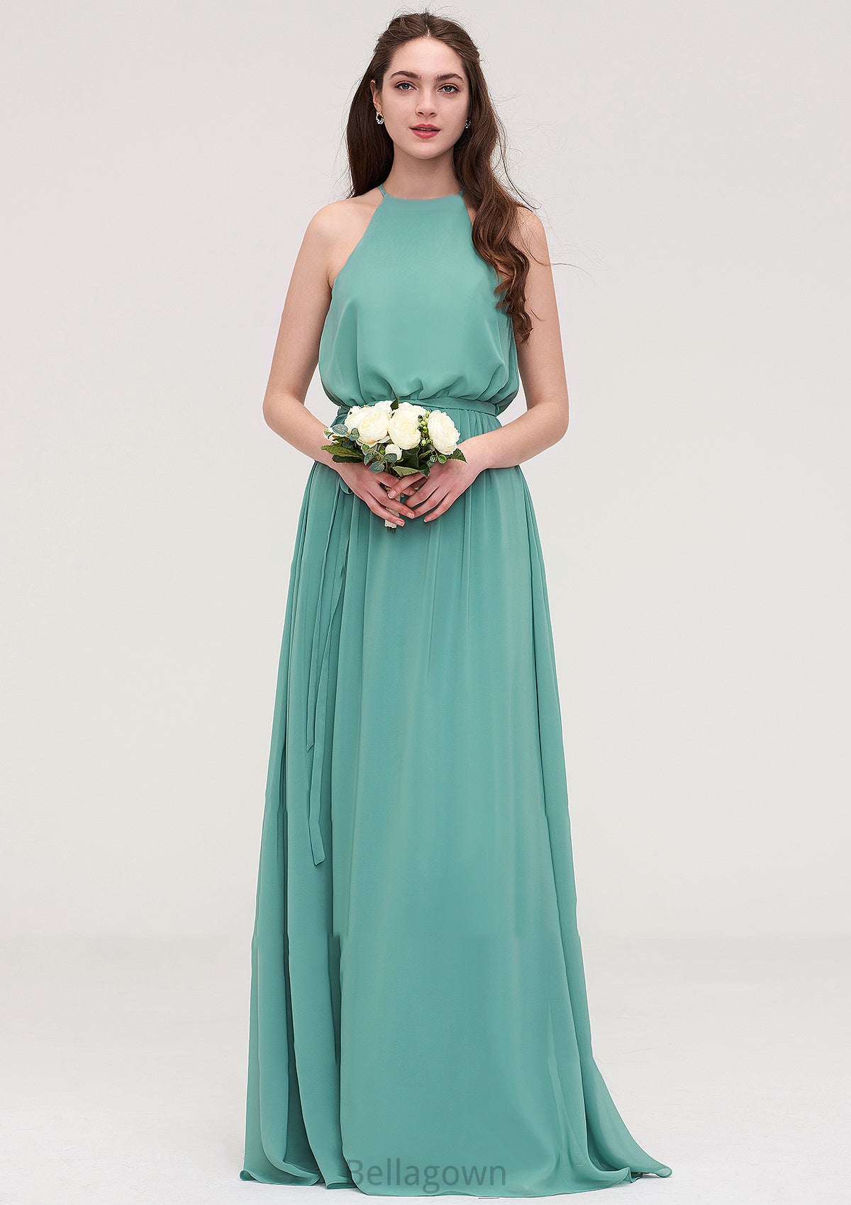 High-Neck Sleeveless Long/Floor-Length Chiffon A-line/Princess Bridesmaid Dresses With Sashes Jayda DNP0025485