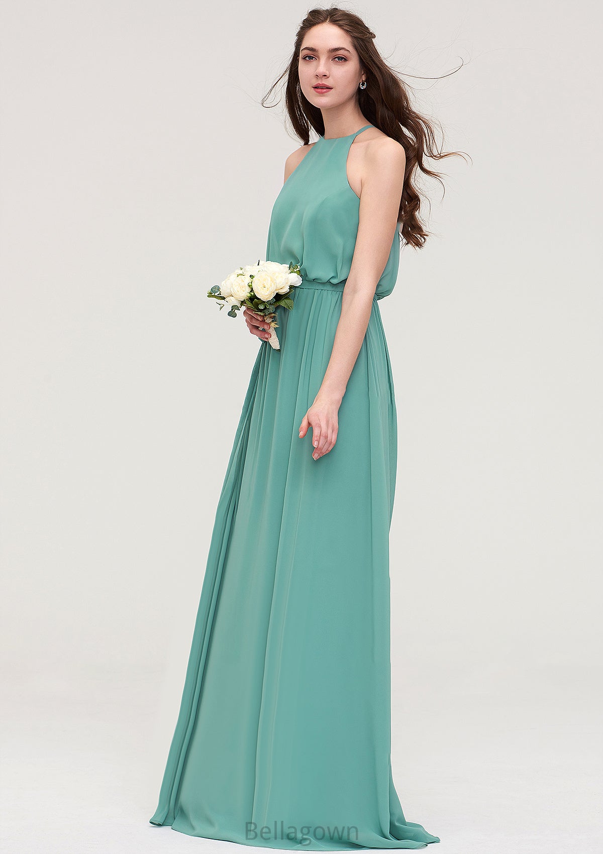 High-Neck Sleeveless Long/Floor-Length Chiffon A-line/Princess Bridesmaid Dresses With Sashes Jayda DNP0025485