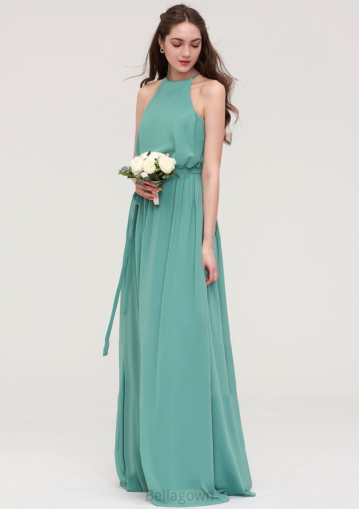 High-Neck Sleeveless Long/Floor-Length Chiffon A-line/Princess Bridesmaid Dresses With Sashes Jayda DNP0025485