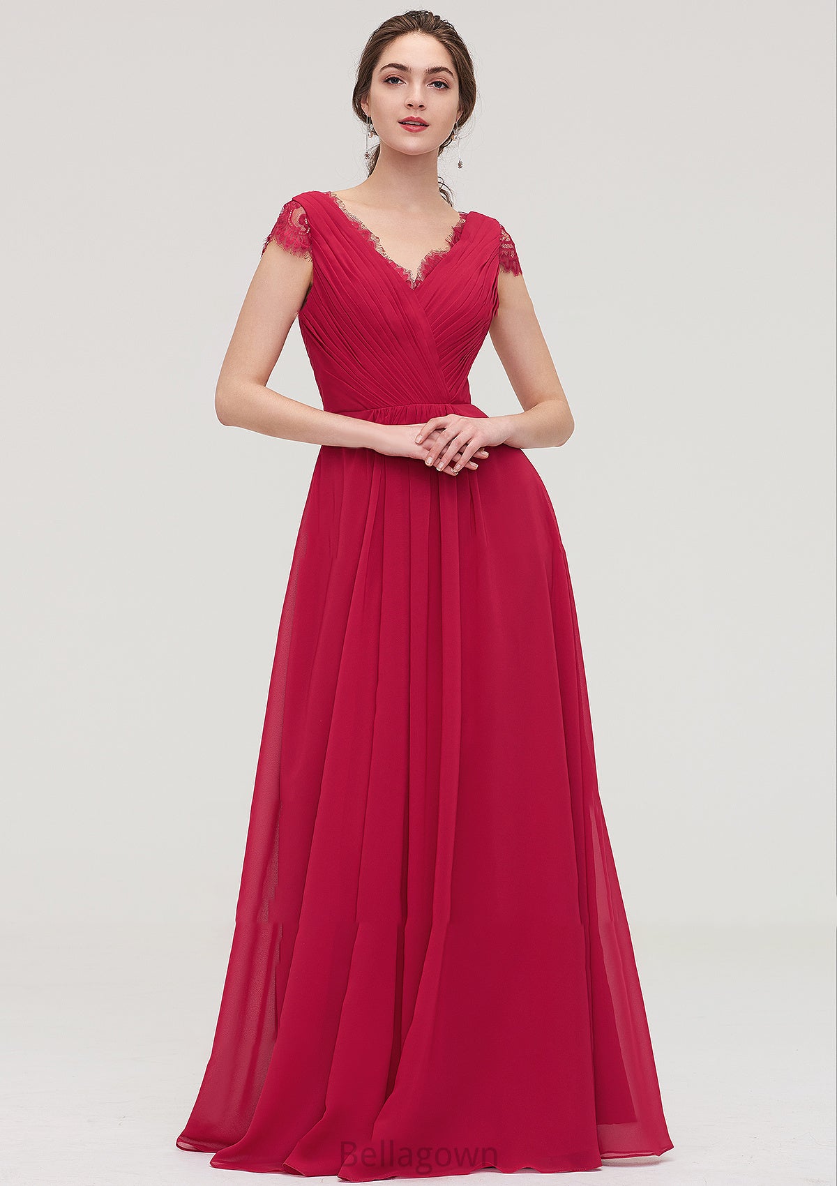 Sleeveless V Neck Long/Floor-Length Chiffon A-line/Princess Bridesmaid Dresses With Lace Pleated Ryann DNP0025486