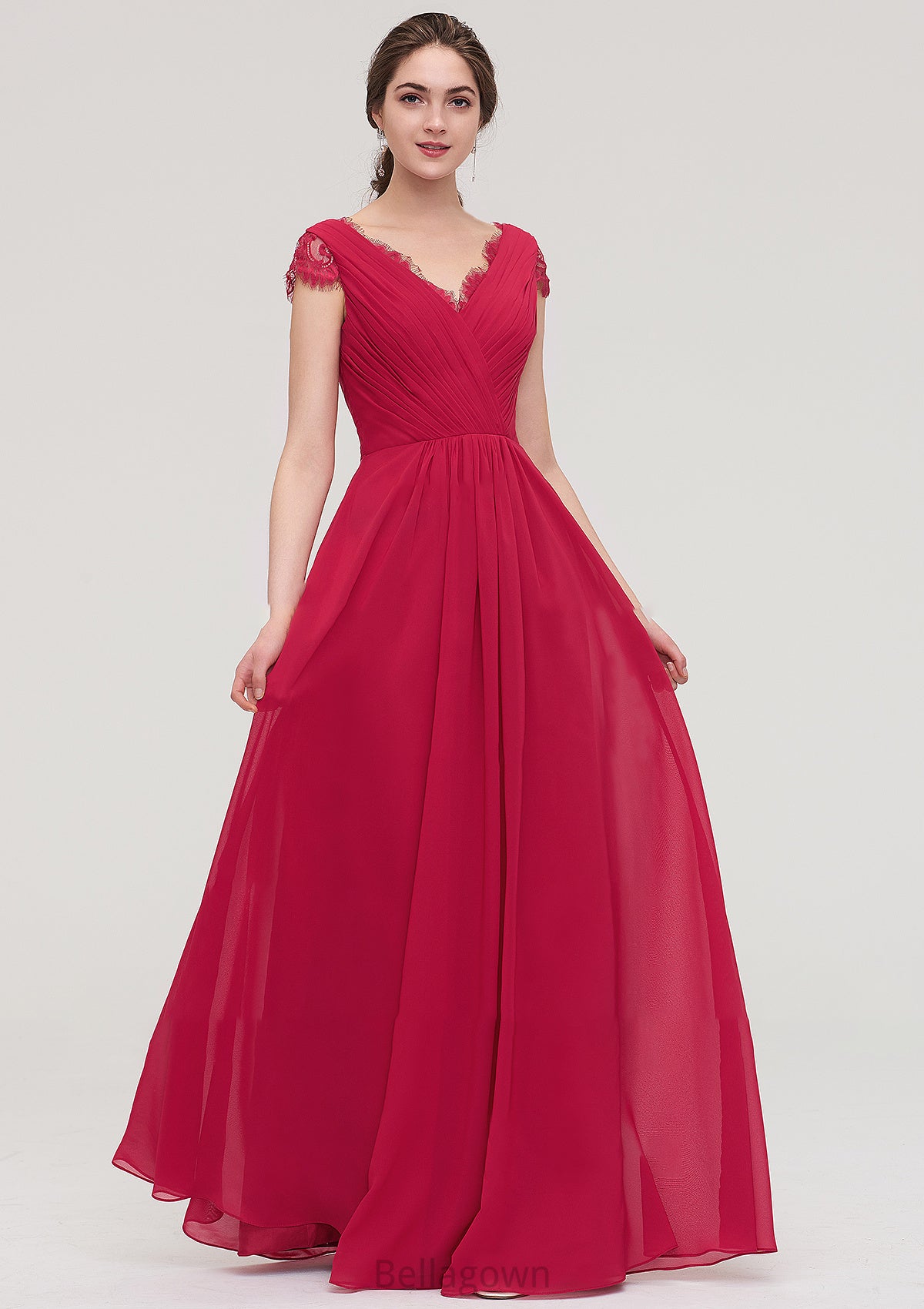 Sleeveless V Neck Long/Floor-Length Chiffon A-line/Princess Bridesmaid Dresses With Lace Pleated Ryann DNP0025486